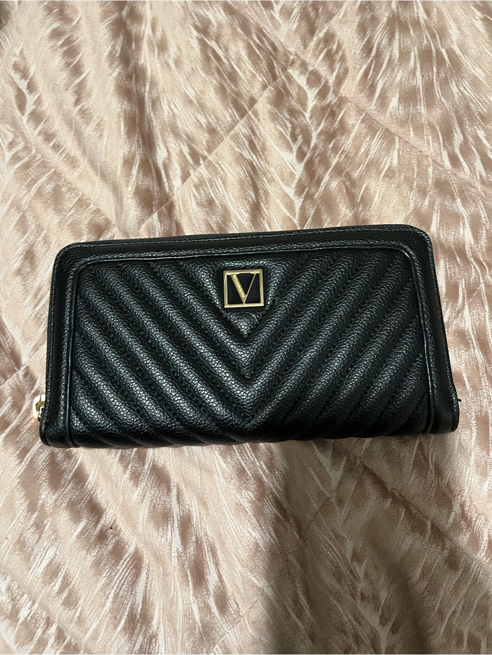 Black Quilted Wallet with Gold V Logo